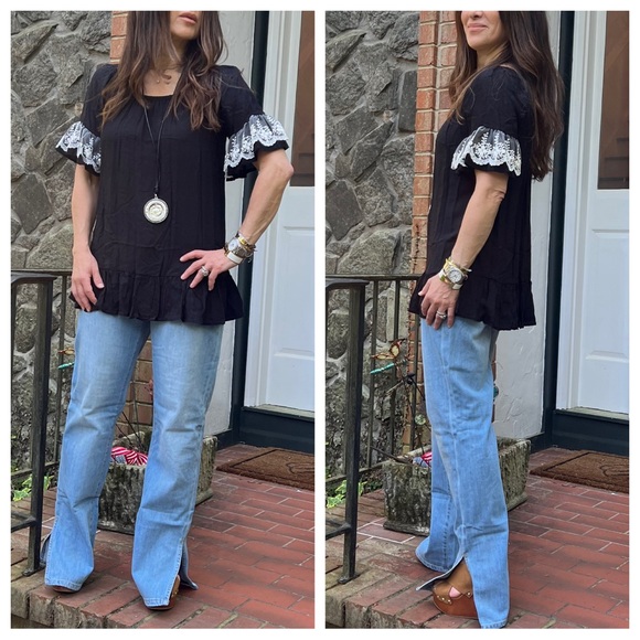 27 Chic Solid Lace Contrast Sleeves Tunic top - Picture 2 of 5